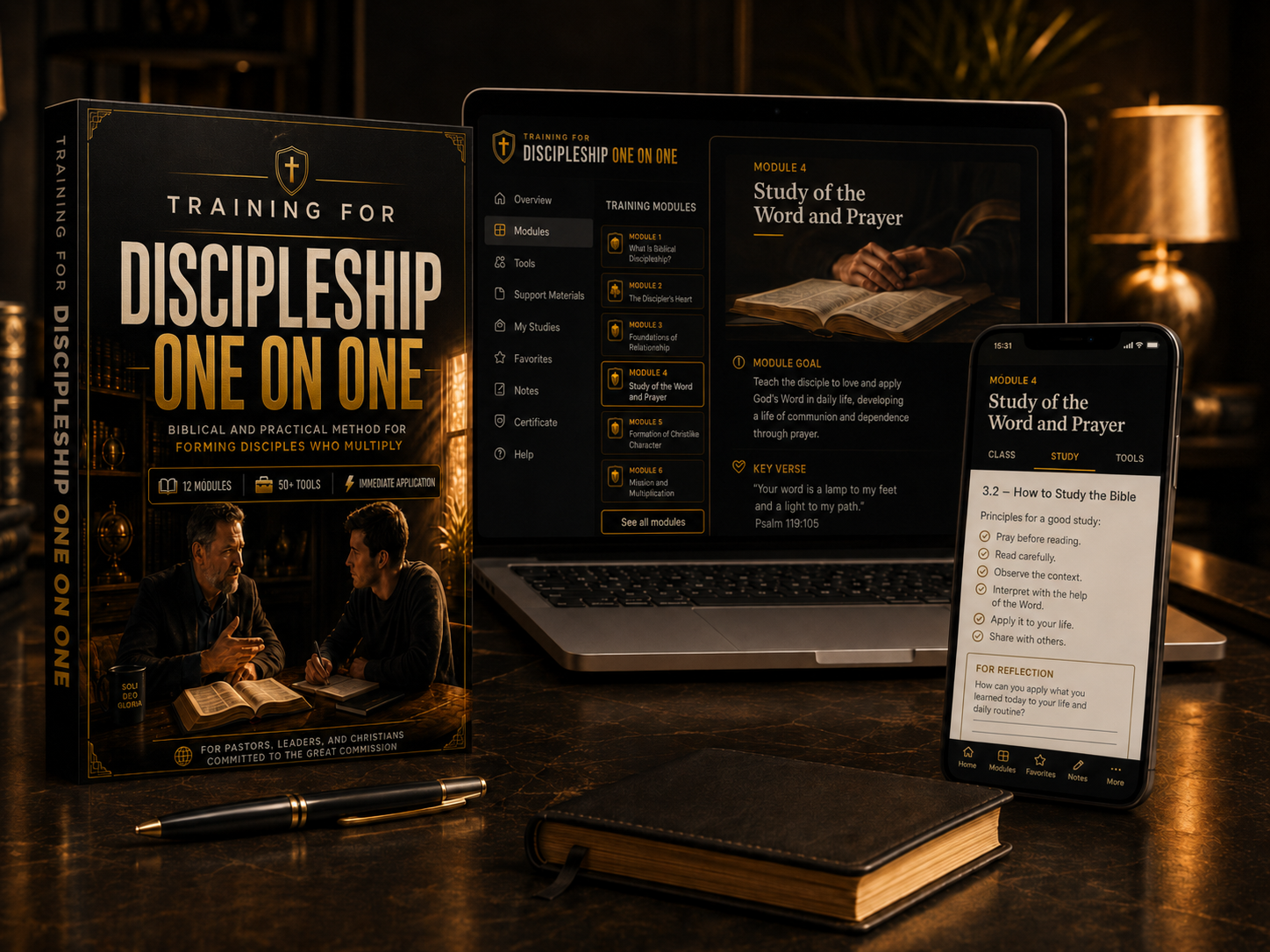 Mockup of the One-on-One Discipleship training in book, laptop, and phone