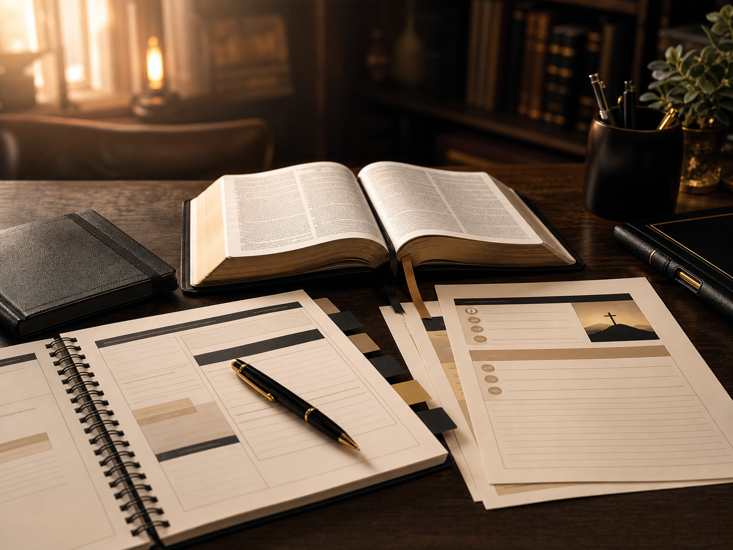 Visual sample of the discipleship material with an open Bible, sheets, and notebook