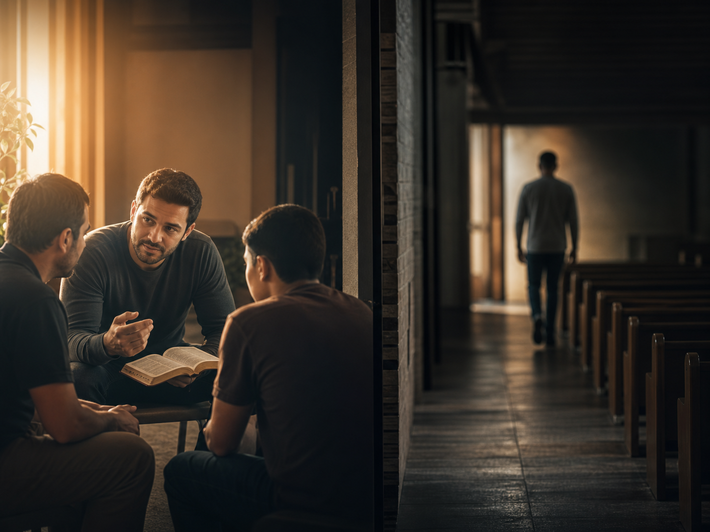 Scene showing guided discipleship and a person walking away in the background among empty pews