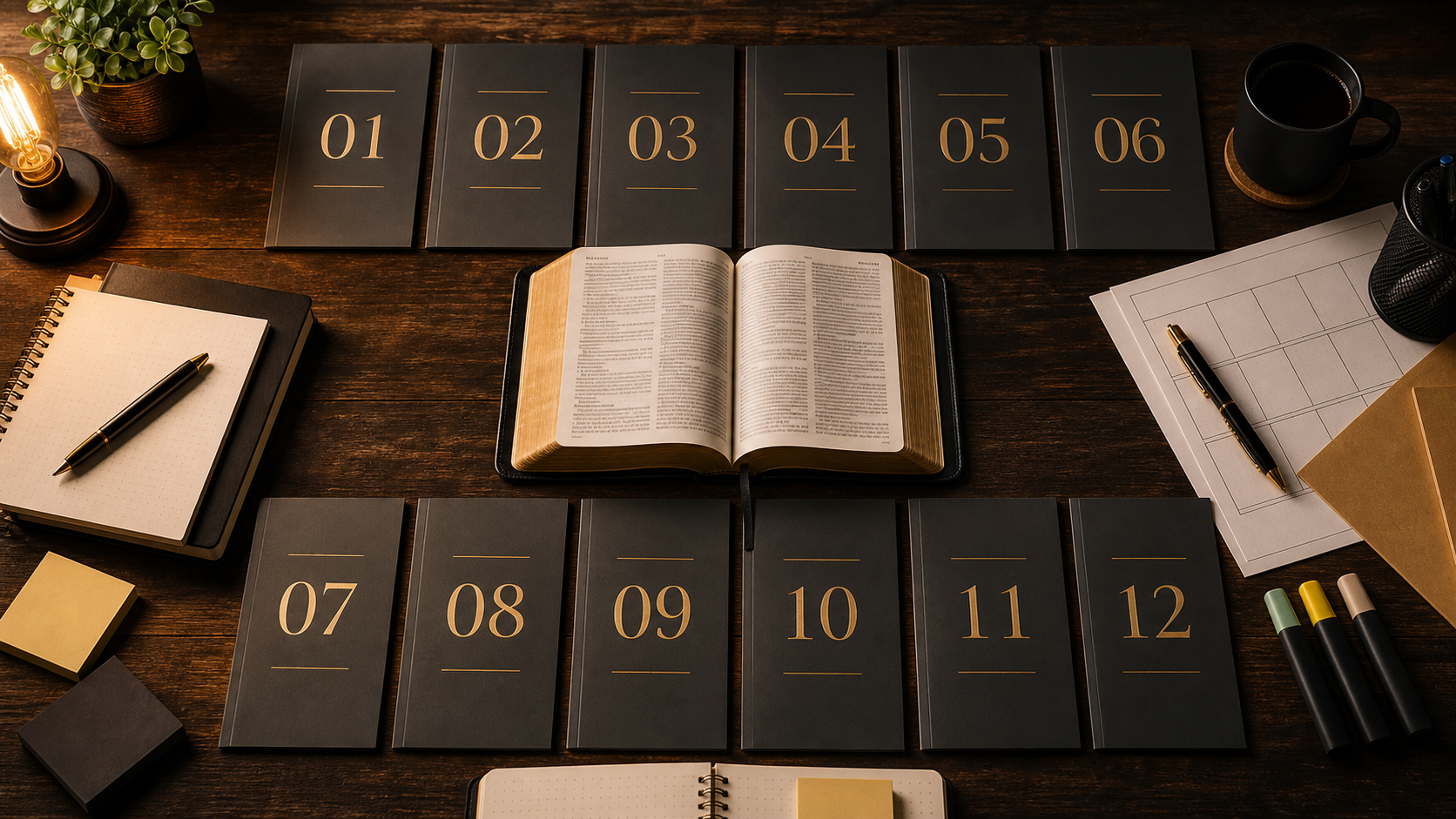 Visual of the 12 training modules arranged around an open Bible